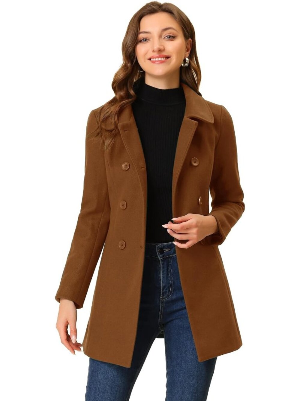 Womens Caramel Fully lined Peter Pan Collar Double Breasted Long Trench Pea Coat